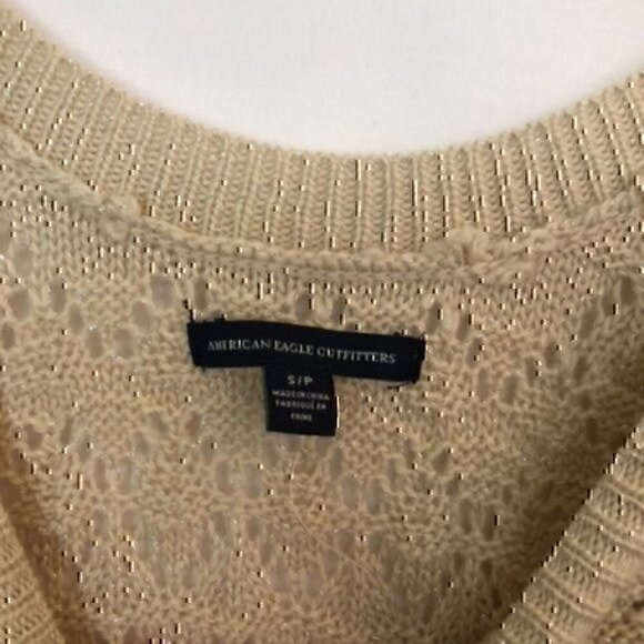 NEW NWT AMERICAN EAGLE Beige Cream Silver Metallic Knit WOOL Open Weave Sweater - Picture 5 of 8